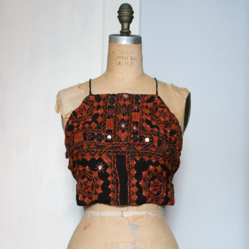 Vintage Mirrored Embroidered Halter Open Back Trop top